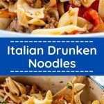 a bowl filled with pasta and meat on top of a blue sign that says italian drunken noodles