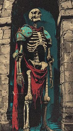 a painting of a skeleton standing in front of a doorway