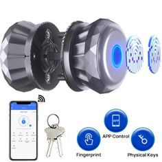 the bluetooth speaker is connected to an iphone and keychain with other devices surrounding it