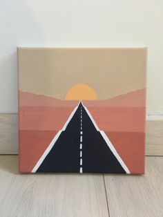 a painting of a road going into the sunset with an orange sky in the background