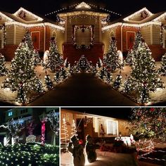 christmas lights decorate houses and trees in the night