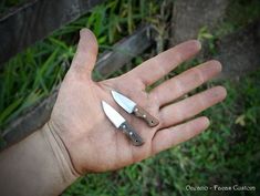 a person holding three knives in their hand with grass in the backgroup