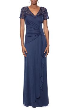 Xscape Evenings Beaded Short Sleeve Ruched Gown | Nordstrom Ruched Gown, Charcoal Blue, Mother Of The Bride Dresses Long, Mother Of Groom Dresses, Mob Dresses, Column Gown, Floor Length Gown, Mothers Dresses, Mermaid Gown