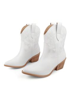 Zzheels Women's Embroidered Western Cowboy Boots Cowgirls Boots Chunky Heel Pointe Toe Boots White Cool,Fashionable    Plain Western Boots,Classic Boots,Booties,Handmade Boots   Women Shoes, size features are:Bust: ,Length: ,Sleeve Length: Cute White Cowgirl Boots, Cowboy Boots Aesthetic, Cowgirl Boots For Kids, No Heel Boots, Cowgirls Boots, White Cowgirl Boots, Ankle Cowboy Boots, White Cowboy Boots, Handmade Boots