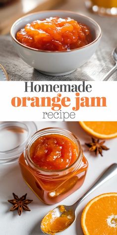 A bowl filled with vibrant, homemade orange jam, its glossy texture glistening under the light. The jam is thick, sweet, and bursting with fresh orange flavor, perfect for spreading on toast or adding to desserts. "Homemade Orange Jam Recipe" text overlay above a jar of fresh orange jam with rich, orange hues. The jar sits beside halved oranges and star anise, hinting at the jam’s sweet, citrusy profile with subtle spiced undertones. Recipes For Cutie Oranges, Citrus Jam Recipe, Fresh Jam Recipes, Orange Preserves Recipe, Spiced Orange Jam, What To Do With Extra Oranges, Tangerine Jam Recipe, Mandarin Orange Jam, Uses For Oranges