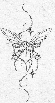 a drawing of a butterfly with stars on it's back and wings flying around