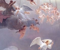 an image of angels in the sky with doves flying above them and people below