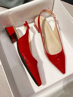 Red  Collar     Embellished   Women Shoes Chunky Heel Sandals, Rose Shoes, Fancy Jewellery Designs, Chic Heels, Classy Shoes, Women Flats, Slingback Flats, Chunky Heels Sandals, Red Heels