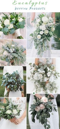 wedding bouquets with white flowers and greenery for the bride's bouquet, including eucalyptus