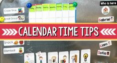 a metal refrigerator covered in magnets and stickers with the words calendar time tips