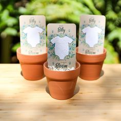 three potted plants with baby's t - shirts on them, sitting on a table