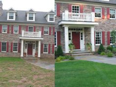 before and after photos of a house with red shutters