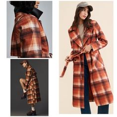 New With Tag Plaid Classic Trench Coat From Anthropologie In Size Extra, Extra Smalll. Oversized Style So This Fit Almost Like A Size Extra Small To Maybe Small: Trench Coat With Striking Plaid Pattern, Dramatic Lapels, And Self-Tie Belt At The Waist. * Double Breasted * Large Lapels * Classic Long Trench * Patch Pockets * Self-Tie Belt * Content & Lining: 100% Polyester * Model: 5'9, Size S * Center Back Length: 45”, 24” Sleeves, 17” Pit To Pit, 16” Waist. No Trades. Always Open To Reasonable O Spring Oversized Orange Outerwear, Oversized Orange Outerwear For Spring, Oversized Orange Outerwear For Work, Long-sleeved Rust Outerwear For Winter, Chic Orange Outerwear For Work, Rust Long Sleeve Outerwear For Fall, Casual Orange Outerwear For Fall, Trendy Orange Outerwear For Work, Orange Long Sleeve Outerwear For Work