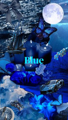 blue is the color of the night in this collage with butterflies, flowers and cars