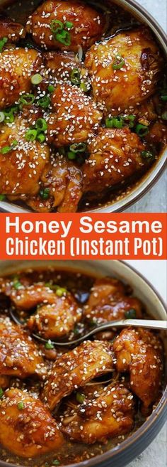 honey sesame chicken instant pot in a pan with the words honey sesame chicken instant pot