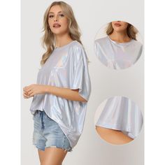 This top is made up of several design points: holographic top, shiny metallic fabric, round neck, and short sleeve. It will make you shine like the moon. It is suitable for summer/autumn and for many occasions, such as parties, clubs, night-out, music festivals, rave outfits, and concerts and you can also use it for cosplay costumes. Trendy Shiny Top For Night Out, Trendy Shiny Tops For Night Out, Trendy Spring Top With Sheen, Spring Disco Shiny Tops, Metallic Shiny Disco Top, Metallic Shiny Tops For Summer, Metallic Shiny Summer Tops, Casual Metallic Party Tops, Trendy Shiny Summer Tops