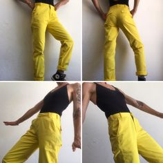 "Vintage pants Levi's LVC Big E Reedition 1990's Cotton chino pants in yellow color. Straight cut. Hook closure with zip. 7 belt loops. 2 front pockets, 2 buttoned back pockets. Tighter ankles with hamstitch. Red label on back waistband. Material: 100% cotton (no label) Condition: Vintage item in very good condition. To note: 3 small spots are present (photo). Price takes into account its flaws. Size: 28 Model wears usually a size S (36/38) and measures 170cm / 66.9\". Measures taken flat : Leng 90s Style High Waist Cotton Pants, 90s Style Cotton Cargo Pants For Summer, 90s High Waist Cotton Parachute Pants, 90s Cotton Straight Leg Parachute Pants, 90s Style Cotton Parachute Pants, 90s Cotton Bottoms, 90s Style Cotton Long Pants, Yellow Straight Pants With Pockets, 90s Cotton Pants