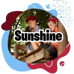 two boys sitting on a bench with the words sunshine in front of them and an image of trees behind them