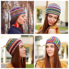 four different pictures of a woman wearing a multicolored knitted beanie hat