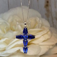 Gold Cross Necklace Women 14K Solid White Gold, Blue Sapphire Cross Pendant Necklace, Birthstone Cross Necklace, Religious Jewelry, #7035 #14kSolidWhiteGold #Necklace #ChristmasGift #NecklaceWomen #NecklaceReligious #ReligiousJewelry #GoldCross #BlueSapphire #CrossPendant #BirthstoneCross Blue Emerald Cut Gemstone Necklace, Blue Emerald Cut Necklace Fine Jewelry, Blue Emerald Cut Fine Jewelry Necklace, Sapphire Baguette Cut Gemstone Jewelry, Baguette Cut Sapphire Gemstone Jewelry, Sapphire Jewelry With Diamond Baguette Cut, Fine Jewelry Sapphire Baguette-cut, Sapphire Necklace With Baguette Cut For Gifts, Sapphire Necklace Baguette Cut For Gift