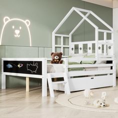 a child's bedroom with a white bed and teddy bear on the floor next to it