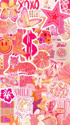 collage of multicolored pink and orange stickers Aesthetic Pink And Orange, Preppy Wallpaper Collage, Cute Wallpapers Hot Pink, Trending Wallpapers Iphone, Cute Wallpapers Pink And Orange, Preppy Fall Collage, Hot Pink And Orange Aesthetic, Preppy Pink And Orange Wallpaper, Slay Wallpapers