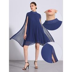 This Allegra K chiffon dress for women features a loose and flowy design with a mock neck and cloak sleeves. The pleated chiffon fabric adds a touch of elegance, making it suitable for various occasions, including casual outings, work, business meetings, cocktail parties, and dates. The knee-length dress is perfect for spring and autumn wear. Pair it with stylish high heels to complete a charming look. The dress is made with a 100% polyester shell and a lining composed of 95% polyester and 5% sp Flowy Chiffon Pleated Mini Dress, Blue Flowy A-line Chiffon Dress, Flowy Chiffon Pleated Dress For Party, Flowy Chiffon Pleated Summer Dress, Summer Chiffon Pleated Dress, Blue Loose Fit Knee-length Chiffon Dress, Blue Flowy Knee-length Chiffon Dress, Pleated Chiffon Dress, Dress Dark Blue