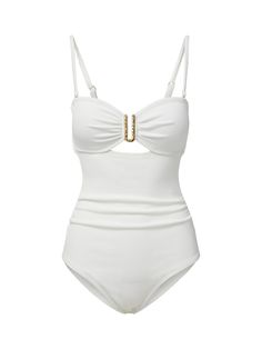 A timeless summer staple, the sleek Lisa Bandeau One Piece swimsuit features a sweetheart neckline, an elevated gold hammered U-ring trim and a sexy and subtle peekaboo. Perfect for the beach or your hotel rooftop pool, this swimsuit is made from a textured recycled fabric which offers SPF50+ protection.  Color: Ivory Fabric: 88% Recycled Repreve® Nylon 12% Spandex Certified UPF50+ Fully lined Power mesh compression liner at interior front waist Pull-on style Removable, Adjustable, and Convertib Cute Swimsuits One Piece, Hotel Rooftop Pool, Hotel Rooftop, White One Piece Swimsuit, Swimsuits One Piece, Swimsuit One Piece, Bandeau One Piece Swimsuit, Bandeau Swimsuit, 1 Piece Swimsuit