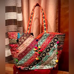 This Is A Beautiful And One Of A Kind Summer Large Size Boho Tote. A True Show Stopper. With One Large Zippered Compartment And Two Pockets In It. It Is Well Structured So This Bag Keeps Its Shape Nicely. Can Be Worn To The Beach, And Is Perfect For Your Day-To-Day Use. Has A Lot Of Beautiful Decorative Eye-Catching Details. All Handmade In India For Italian Brand. It Is Gorgeous! Nike Tote Bags, Duck Bag, Green Tote Bag, Boho Tote, Straw Beach Bag, White Shoulder Bag, Green Tote, Blue Tote Bag, Bohemian Summer