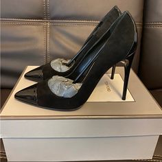 Size 39 Euro (8.5-9 Us) Never Worn Brand New Great Condition Box And Dust Covers Included Black Heels With Contrasting Heel Counter For Formal Occasions, Formal Black Heels With Contrasting Heel Counter, Elegant Black Court Shoes With Reinforced Heel, Modern Black Court Shoes For Formal Occasions, Elegant Black Heels For Office, Elegant Black Heels For The Office, Designer Suede Heels For Office, Designer Suede Heels For Formal Occasions, Modern Black Court Shoes For Formal Wear