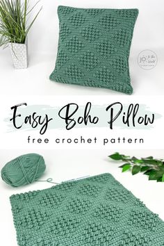 an easy crochet pillow is shown with the text, easy boho pillow free crochet pattern