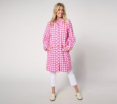 It's time to banish the bulky jackets to the back of the closet and lean into lighter weight coats -- like this fresh gingham car coat from the prince of prints, Isaac Mizrahi. Its button-front ease, trench coat inspiration, and just-right length make dashing in and out (and between sprinkles) a breeze. Plus, the bold check print is designed to deliver your notice-me moment. From Isaac Mizrahi Live!TM. Plaid Outerwear For Spring Daywear, Spring Daywear Plaid Outerwear, Spring Gingham Long Sleeve Outerwear, Gingham Trench Coat, Coat Inspiration, Adaptive Clothing, Petite Jacket, Car Coat, American Leather