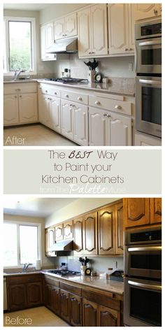 before and after pictures of kitchen cabinets with the words, the best way to paint your kitchen cabinets