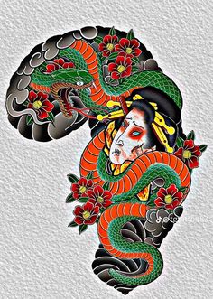 Japanese Snake Sleeve, Tato Irezumi, Japanese Flower Tattoo, Dragon Tattoo Art, Scorpion Tattoo, Wolf Tattoo Design, Irezumi Tattoos, Snake Art, Japanese Sleeve Tattoos