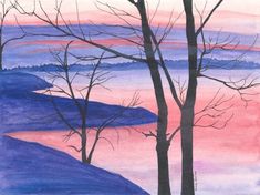 Watercolor painting of a sunset in the San Juan Islands of Washington State. Prints of my original artwork are available in various sizes. San Juan Islands, Washington State, Landscape Painting, Art Original, Watercolor Painting, Landscape Paintings, Les Oeuvres