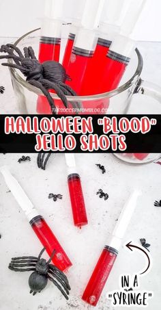 halloween blood shots in a glass bowl with spider legs