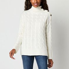 Soft knit fabric and stylish rhinestone detailing at the shoulders makes this St. John's Bay women's pullover sweater a must-have addition to your cool-weather wardrobe. It's cut for a classic-fit with a mock neck and long fitted sleeves. Wear it with jeans and boots for a casual, everyday ensemble. Closure Type: Pullover HeadFit: Classic FitNeckline: Crew NeckSleeve Length: Long SleeveSleeve Style: Fitted SleeveApparel Length: 27 InchesFiber Content: 65% Acrylic, 35% PolyesterFabric Description