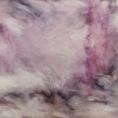 an abstract painting with pink and grey colors on it's surface, including clouds