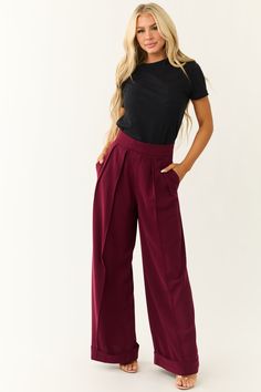 S M L Waist: 27" 29" 31" Inseam: 31" 31" 31" Non-stretchy woven Zipper fly with button and double hook closure Side pockets Banded hem Self: 100% Polyester Imported Note: Hand wash cold, do not bleach, line dry, iron low heat. Model is wearing a size SmallModel’s Profile: Size 1, Height 5'7", Bust 34", Waist 26" Wine Wide Leg Pants Outfit, Maroon Work Outfit, Burgundy Slacks Outfit Women, Burgundy Dress Pants Outfit, Maroon Trousers Outfits Women, Wine Colored Outfits, Burgundy Trousers Outfit, Burgundy Pants Outfit, Super Wide Leg Pants