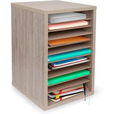 a wooden shelf with many files and folders on it's bottom section,