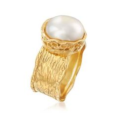 Ross-Simons - 11.5-12mm Cultured Button Pearl Ring in 18kt Yellow Gold Over Sterling. Size 5. This design presents an 11.5-12mm cultured freshwater button pearl from inside an 18kt yellow gold over sterling silver shank. A sophisticated statement; the eclectic textured and polished setting gives this ring its artisanal charm. 1/2" wide. Pearl ring. Pearl birthstones are the perfect gift for June birthdays. Keshi Pearl Earrings, Tahitian Pearl Ring, Pearl Rings Vintage, Personalized Charm Necklace, Cultured Pearl Ring, Pearl Cuff Bracelet, Pearl Birthstone, Cultured Pearl Bracelet, Ring Pearl