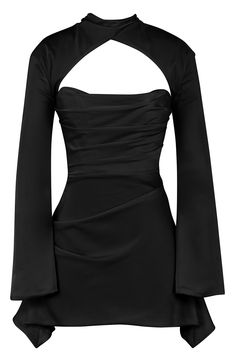 A bold cutout is softened by an elegant cowl neck on a satin minidress cut on the bias and fitted with the corsetry boning for a cinched waist. Exclusive retailer 35" length Cowl neck Long sleeves Lined 100% polyester Dry clean Imported Diner Outfits, Draped Corset, Trendy Trouser, Backless Mini Dress, Dinner Outfits, Satin Mini Dress, Mode Inspo, Mini Dresses, Club Dresses