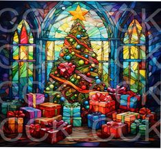 a painting of a christmas tree in front of a stained glass window with presents under it