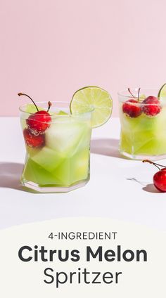 two glasses filled with lemonade and cherries on top of a white countertop