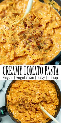 creamy tomato pasta in a skillet with cheese and parmesan on the side