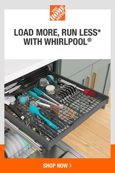 an open dishwasher with tools in it and the words load more, run less with whirlpool