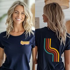 Classic unisex short sleeve tee made of soft cotton with quality "Groovy" pocket print on front, and retro 70s style rainbow design on back in large print. Details: 🌉Ribbed knit collars  🌉Shoulders are tapered for a better fit  🌉Dual side seams to hold shape longer 🌉Made with 100% Airlume combed and ring-spun cotton, a lightweight fabric easy to layer, breathable 🌉Crew neckline adds a classic style perfect for accessorizing 🌉Tear-away label ✨Production and Shipping Processing is 1-2 day. F Groovy Crew Neck T-shirt With Retro Print, Trendy Short Sleeve T-shirt With Retro Print, Retro Graphic Crew Neck Tee, Groovy Short Sleeve T-shirt With Letter Print, Retro Short Sleeve Tops With Retro Print, Retro Crew Neck Top With Retro Print, Retro Print Short Sleeve Tops, Trendy Cotton T-shirt With Retro Print, Short Sleeve Tops With Retro Print