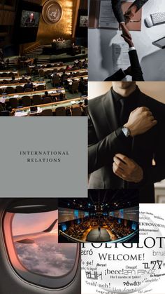 the collage shows an airplane wing and several different images with words on it that include information about international relations