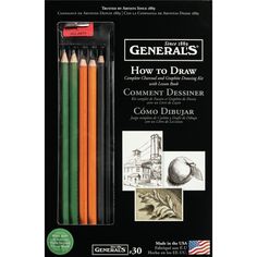 four colored pencils in a package with the title how to draw comment dessinner