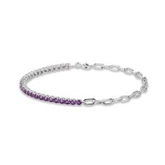 This beautiful bracelet is a perfect combination of classic and contemporary. Set in chic sterling silver, half of the bracelet is adorned with radiant amethysts, and the other half features a paperclip-link design. The 7.25-inch bracelet secures with a spring ring clasp. Elegant Purple Sterling Silver Bracelet, Elegant Purple Sterling Silver Jubilee Bracelet, Purple Jubilee Tennis Bracelet, Paperclip Bracelet, Link Design, The Other Half, Other Half, Bracelet Sterling Silver, Basic Style